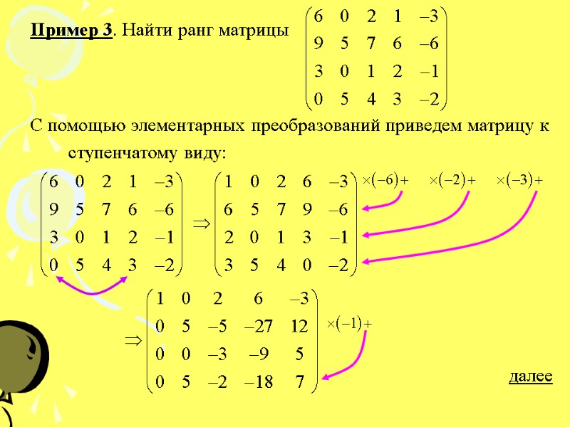 Пример 3. Найти ранг матрицы   С помощью элементарных преобразований приведем матрицу к